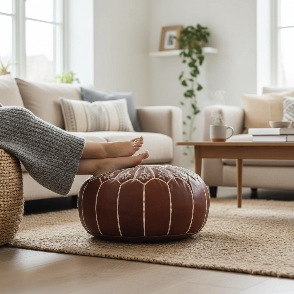 Luxury Handcrafted Brown Moroccan Leather Pouf