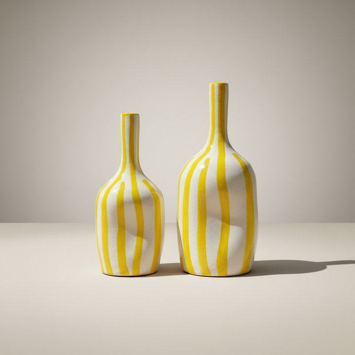 Handmade Ceramic Vase – Yellow Striped Modern Pottery Bottle