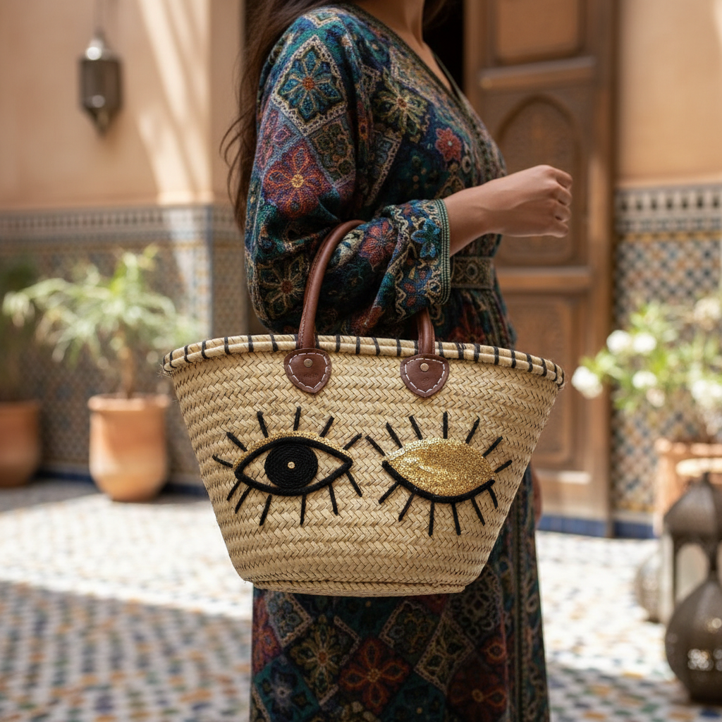 Person holding a woven bag with eye design in a decorative setting