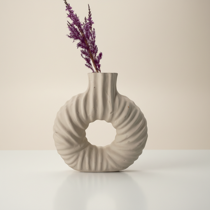Handmade Ceramic Vase – Textured Sculptural Donut Vase in Neutral Tone