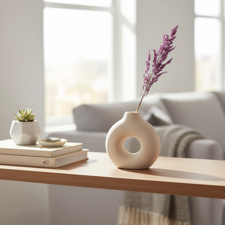 Handmade Ceramic Vase – Neutral Sculptural Donut Vase with Matte Finish