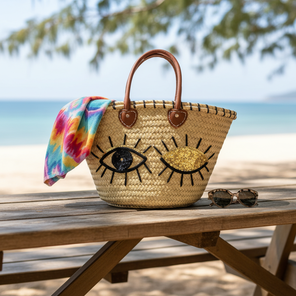 Woven bag with eye design on a wooden table by the beach