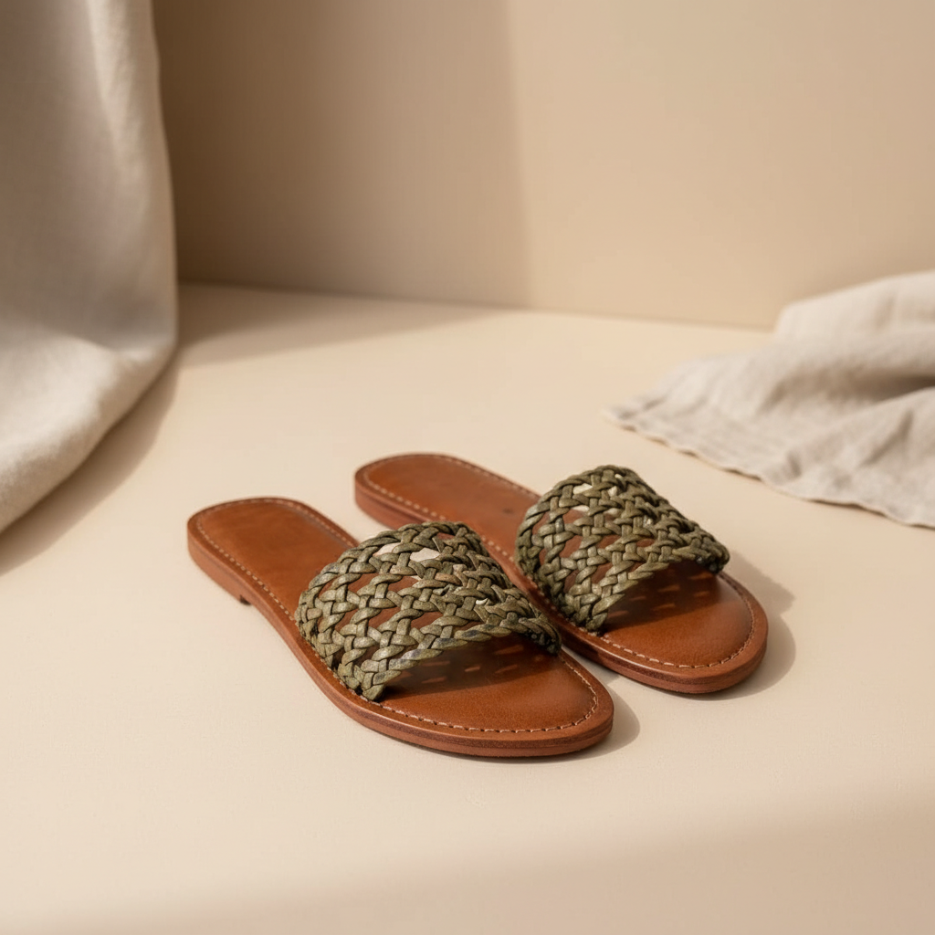 Minimalist Woven Leather Slide Sandals – Handmade Moroccan Summer Slides