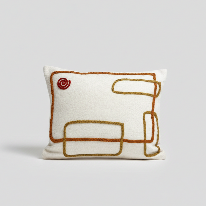 Abstract Embroidered Moroccan Pillow Cover – Handcrafted Wool Cushion in Neutral Tones