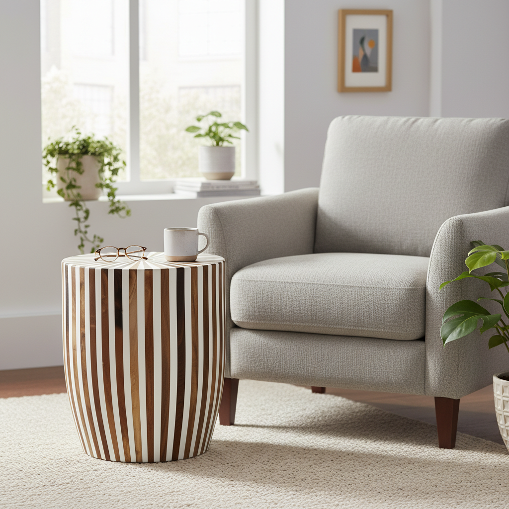 Handcrafted Striped Wooden Side Table – Modern Accent Design