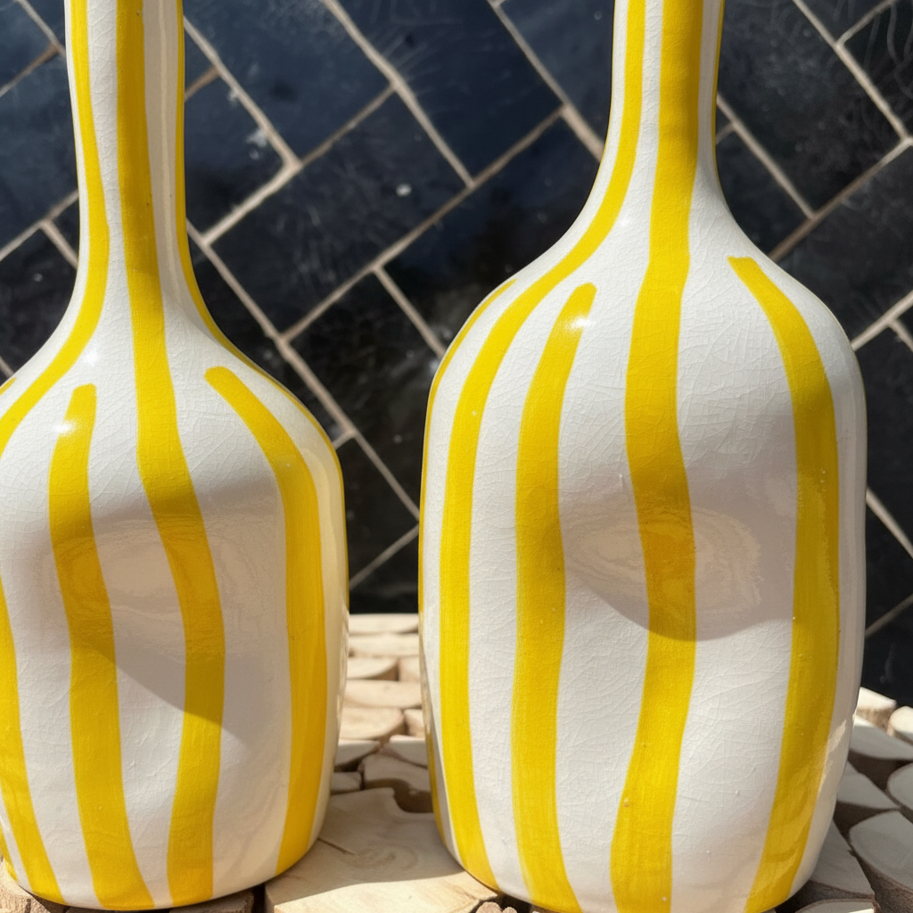 Handmade Ceramic Vase – Yellow Striped Modern Pottery Bottle