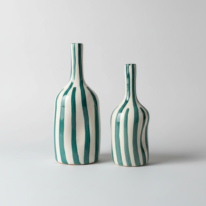 Handmade Ceramic Vase – Green Striped Modern Pottery Bottle