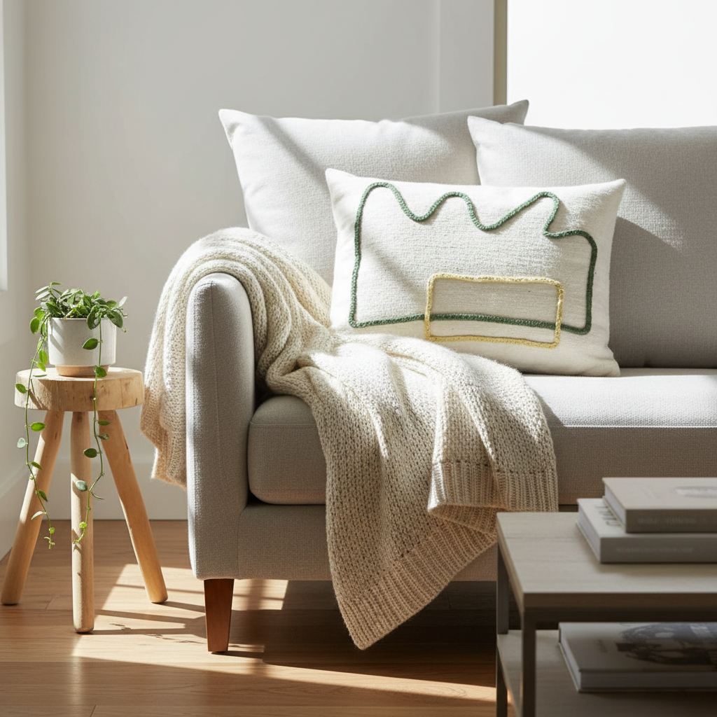 Abstract Embroidered Pillow Cover – Minimalist Line Art Cushion in Neutral Tones