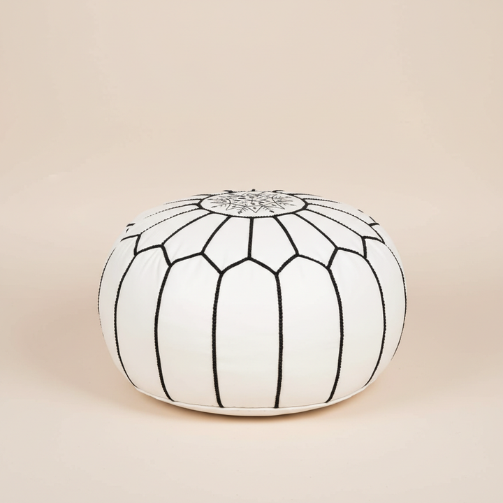 Elegant White Moroccan Leather Pouf – Handcrafted & Chic