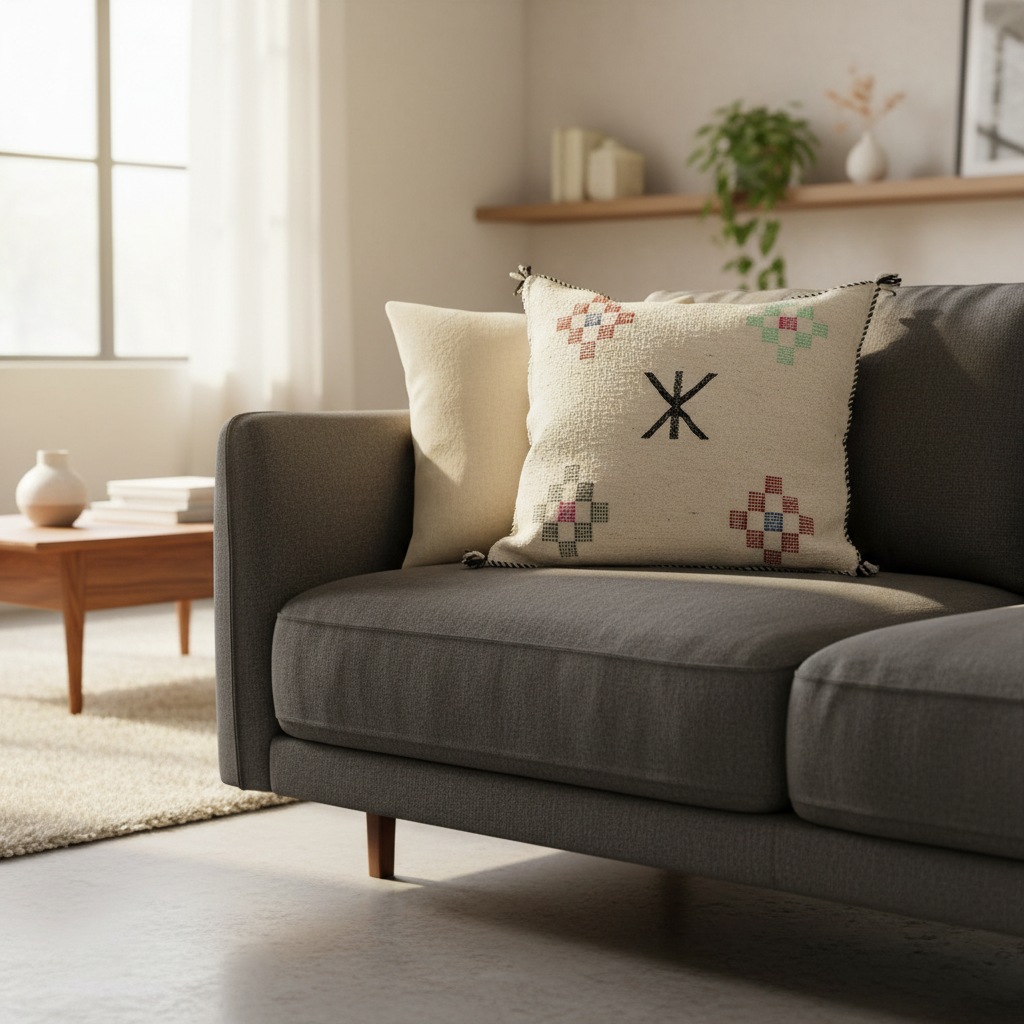 Handwoven Berber-Inspired Moroccan Pillow Cover with Geometric Embroidery & Tassels