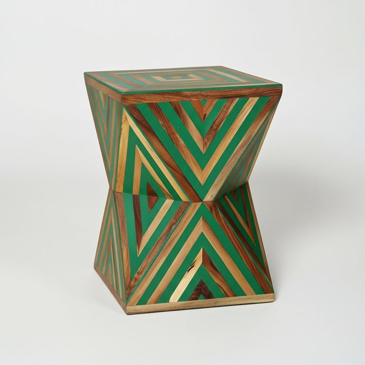 Handcrafted Geometric Green Wood Side Table