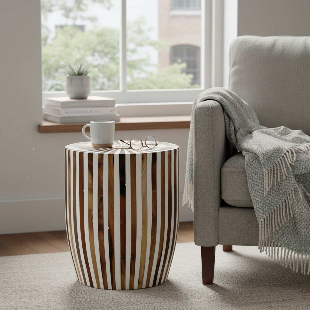 Handcrafted Striped Wooden Side Table – Modern Accent Design