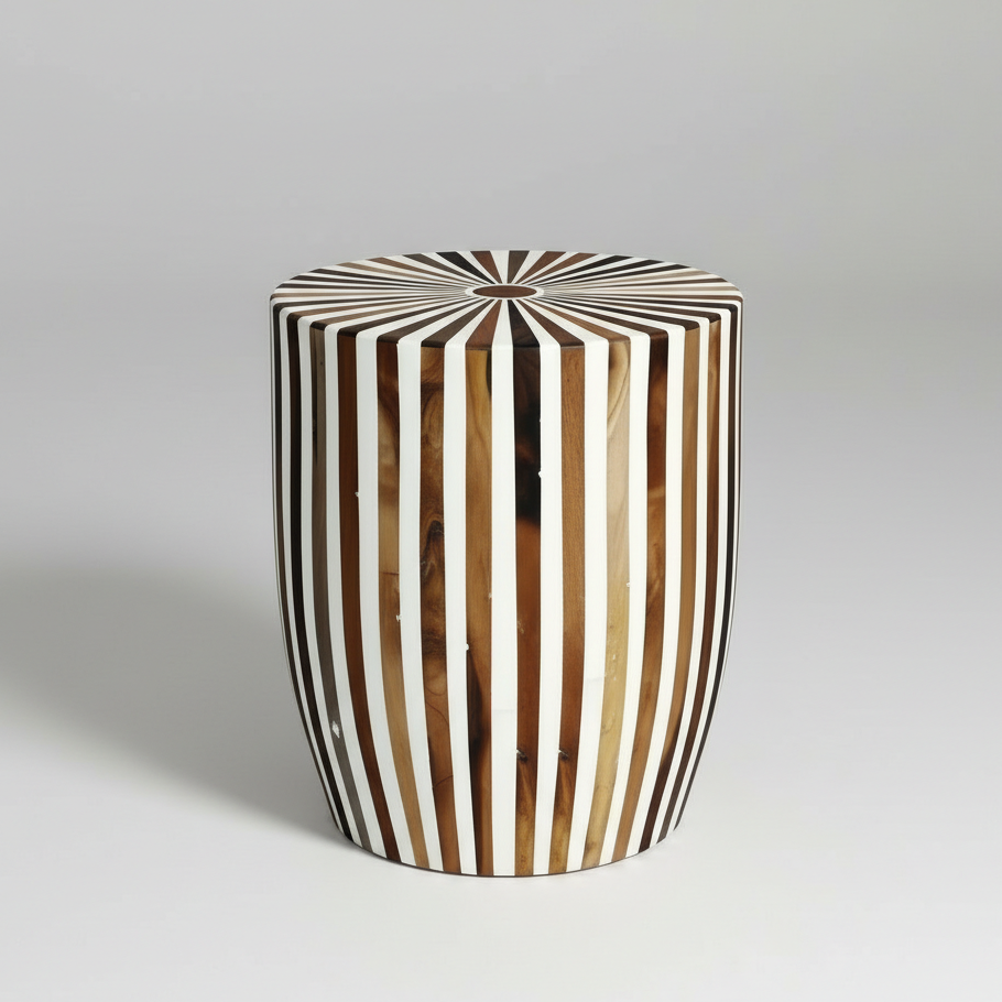 Handcrafted Striped Wooden Side Table – Modern Accent Design