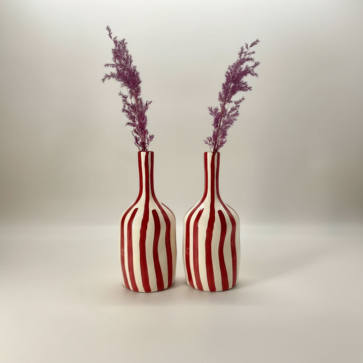 Handmade Ceramic Vase – Tall Red Striped Modern Pottery Bottle