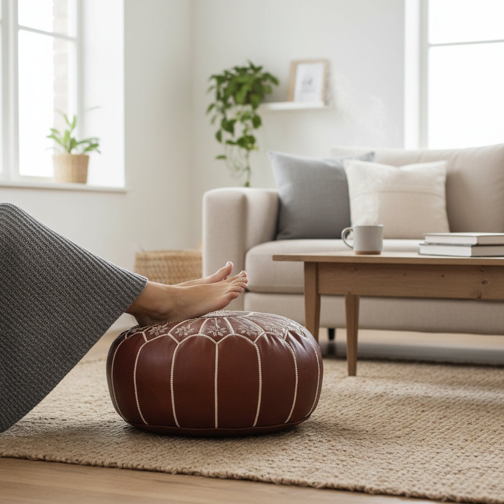 Luxury Handcrafted Brown Moroccan Leather Pouf