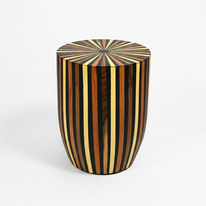 Wooden stool with striped pattern on a white background