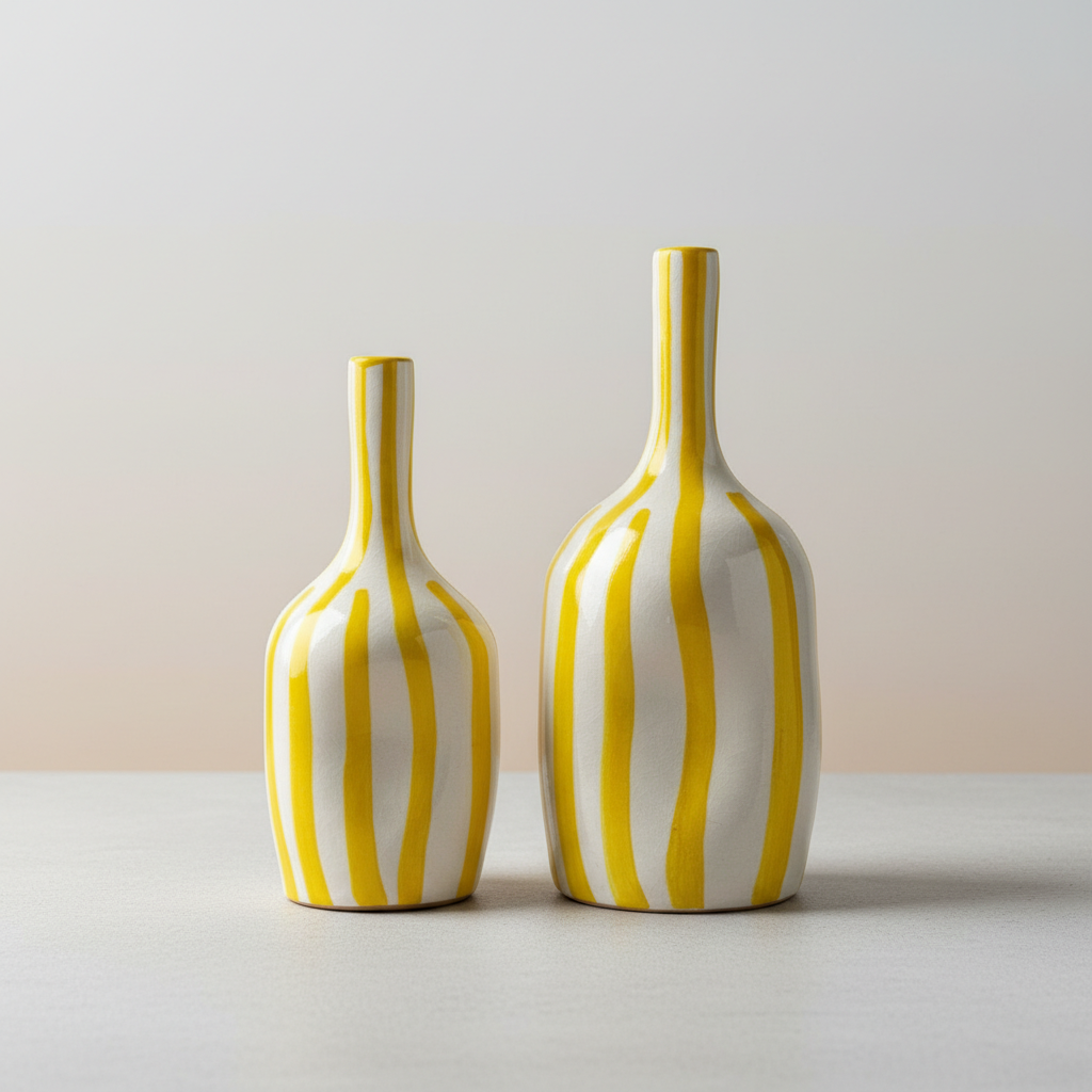 Handmade Ceramic Vase – Yellow Striped Modern Pottery Bottle