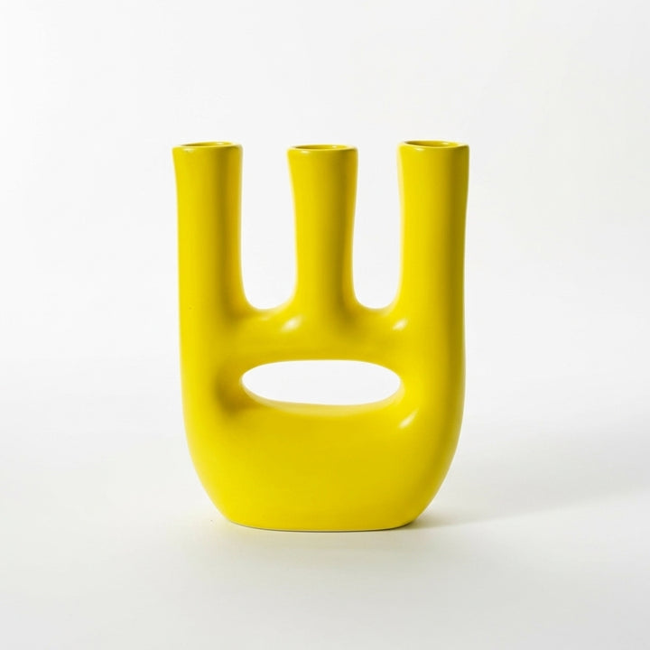 Handmade Ceramic Vase – Modern Yellow Triple-Neck Sculptural Vase