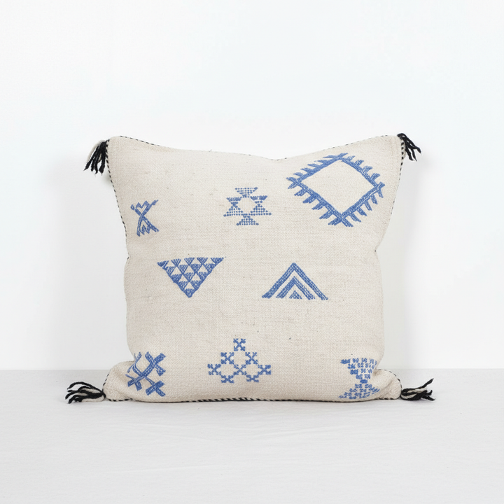 Berber Pillow Cover with Blue Geometric Motifs – Moroccan Handwoven Cushion with Tassels, 4 Sizes