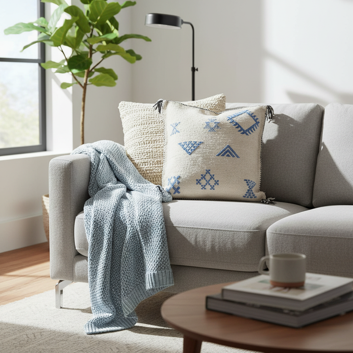 Berber Pillow Cover with Blue Geometric Motifs – Moroccan Handwoven Cushion with Tassels, 4 Sizes