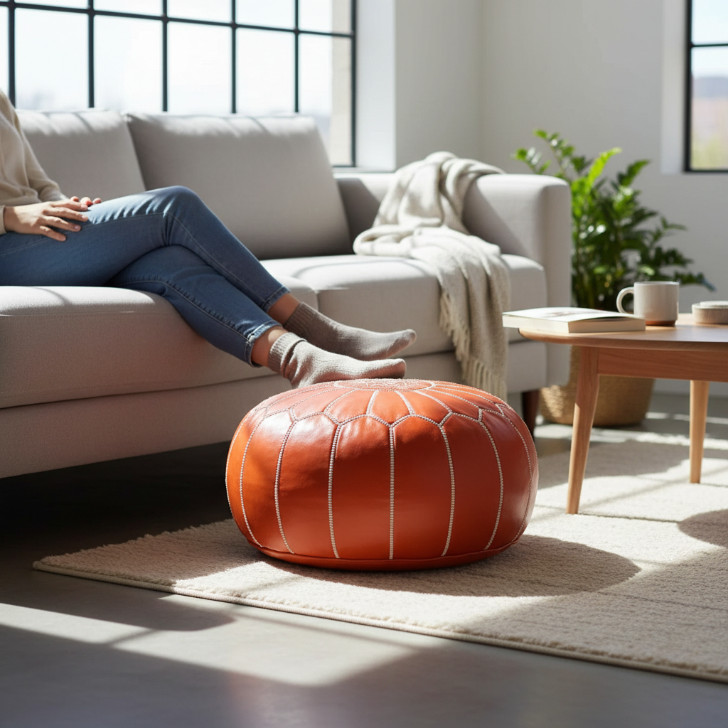 Artisan Orange Moroccan Pouf – Perfect For Colorful Decor
