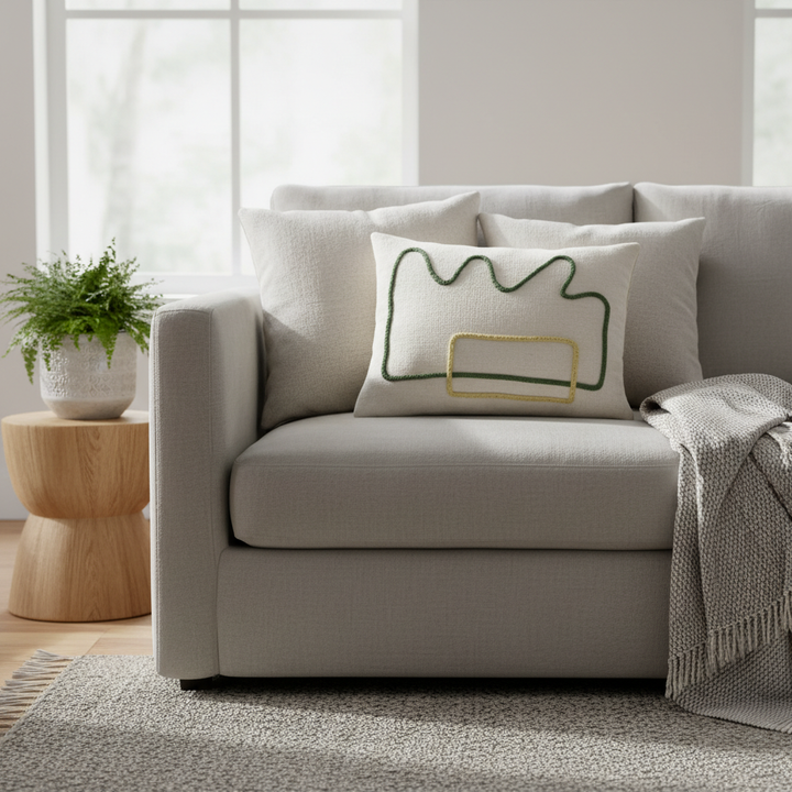 Abstract Embroidered Pillow Cover – Minimalist Line Art Cushion in Neutral Tones