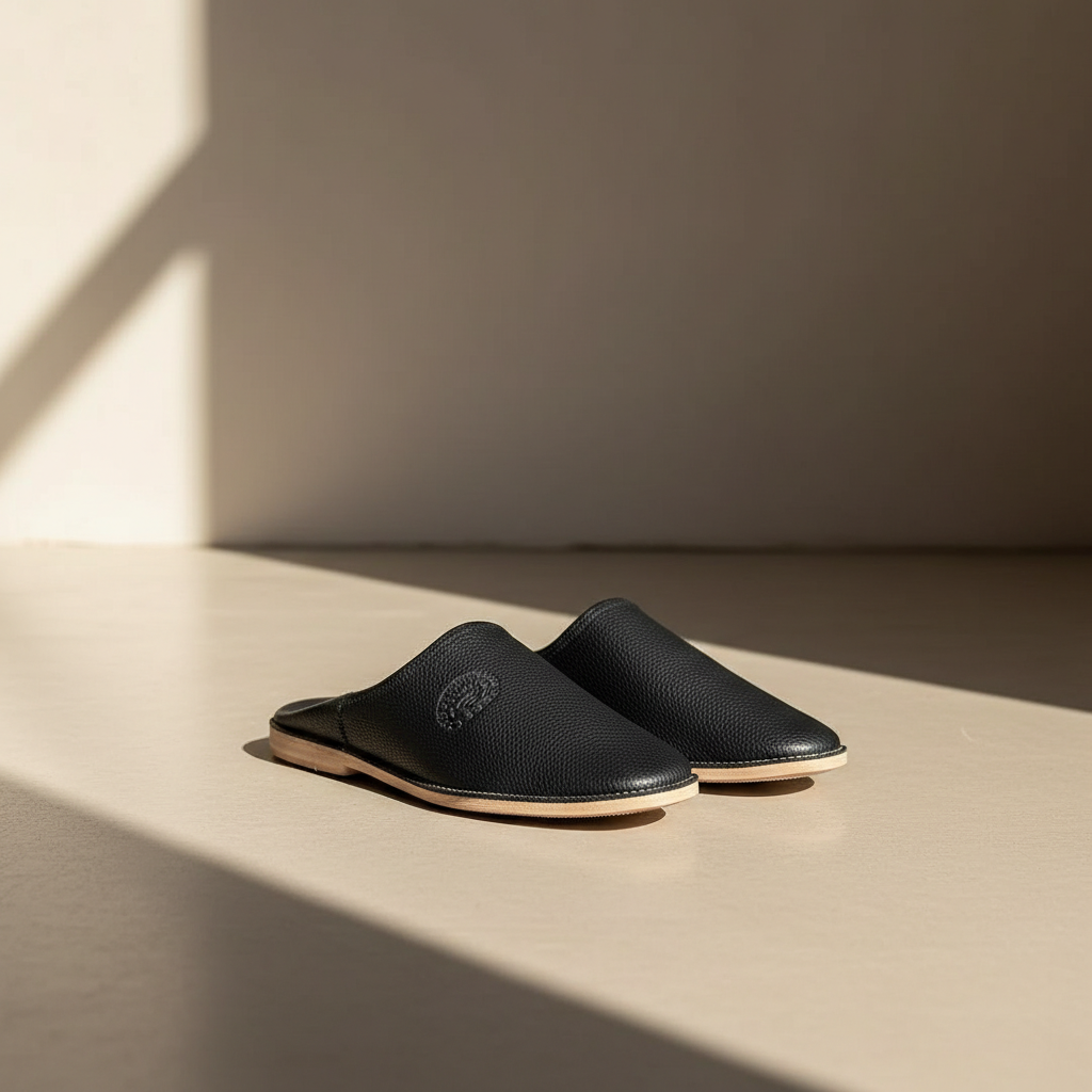 Premium Pebbled Leather Moroccan Babouche – Modern Minimalist House Slippers