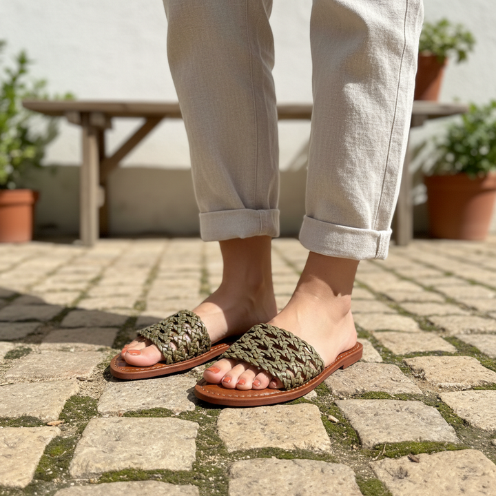 Minimalist Woven Leather Slide Sandals – Handmade Moroccan Summer Slides