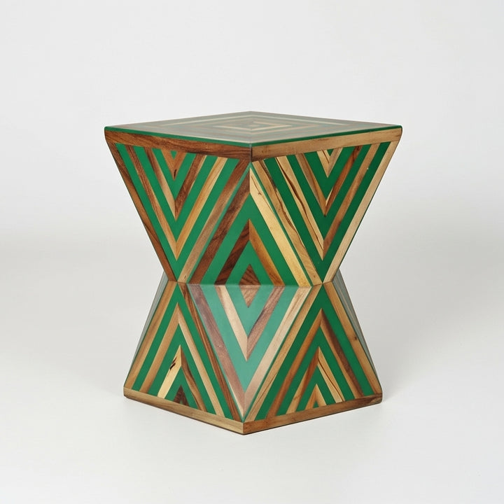 Handcrafted Geometric Green Wood Side Table