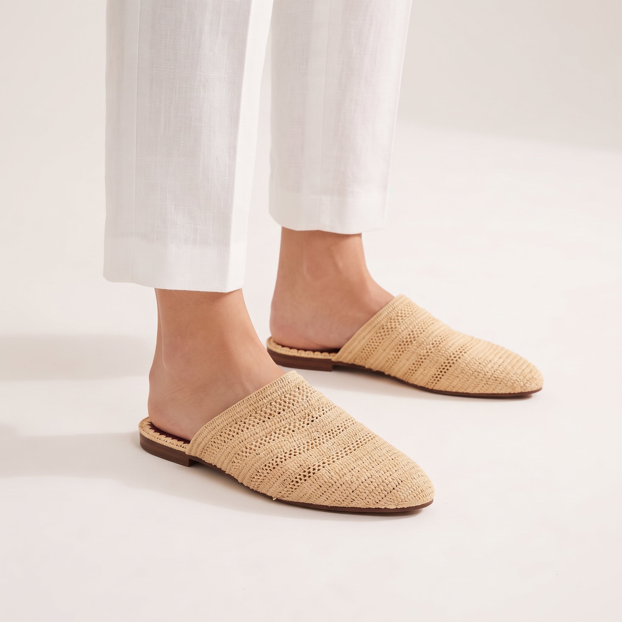 Natural Raffia Pointed Mules for Women