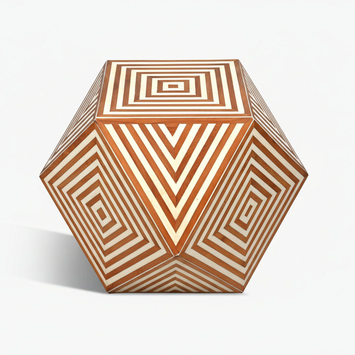 Handmade hexagon wood side table in natural ivory geometric finish
