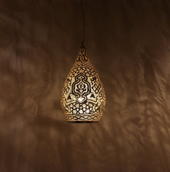 Handcrafted Moroccan brass ceiling lamp with intricate cutout design

