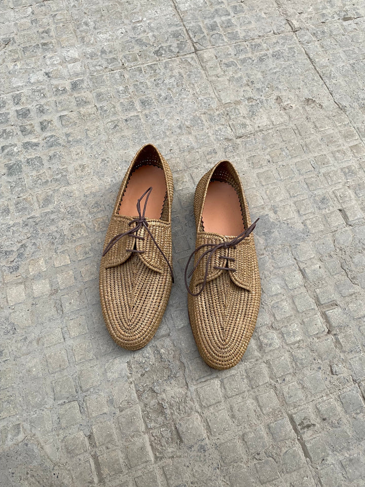 Handwoven Raffia Lace-Up Shoes – Natural & Brown Minimal Style