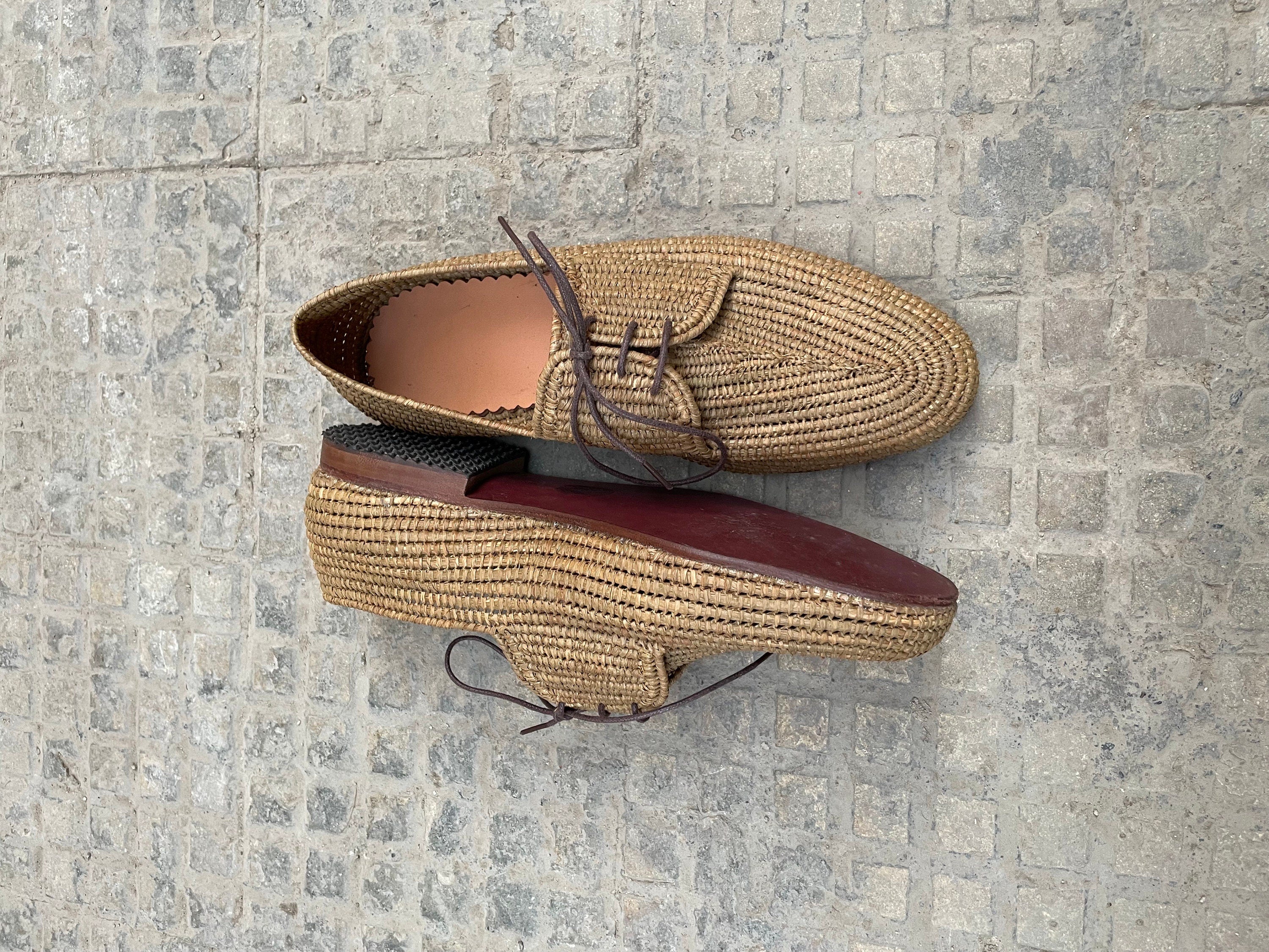 Handwoven Raffia Lace-Up Shoes – Natural & Brown Minimal Style