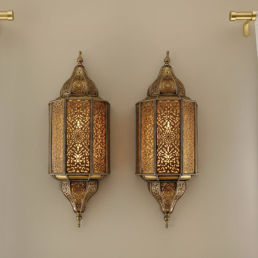 Handmade Moroccan wall sconce with intricate patterns for warm and elegant home lighting decor