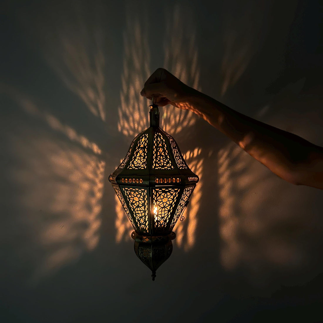 Large Moroccan Brass and Glass Hanging Lantern