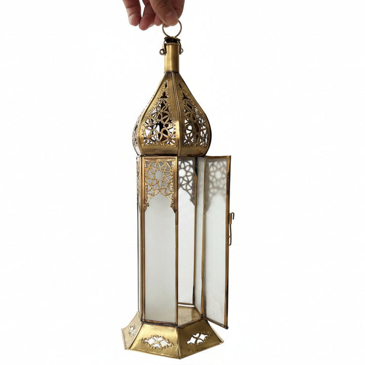 Large Moroccan White Glass Candle Lantern