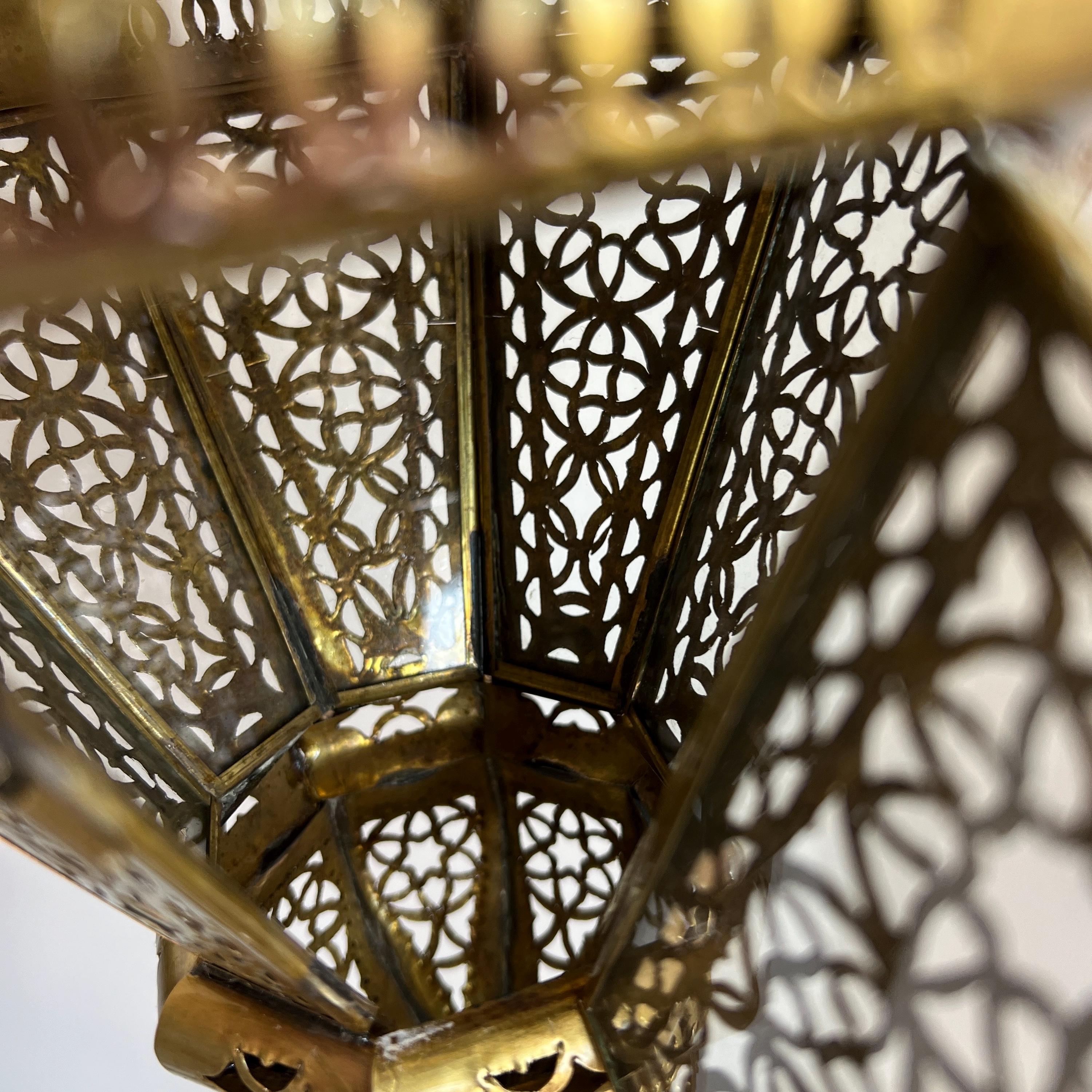 Large Moroccan Brass and Glass Hanging Lantern