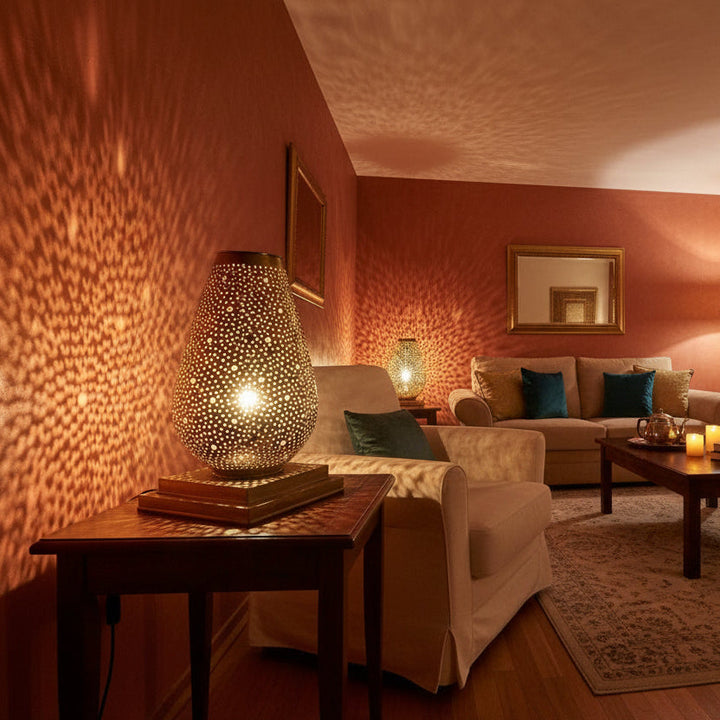 Handcrafted Moroccan brass floor lamp with perforated cutout design


