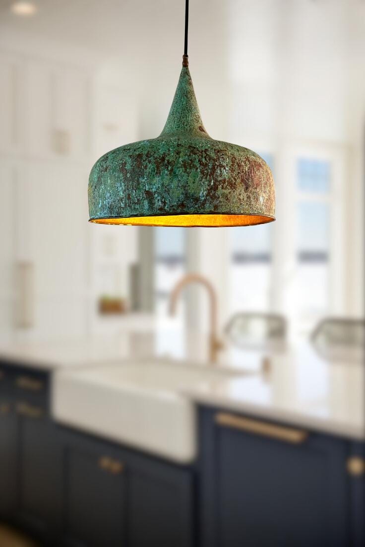 Green Patina Hammered Copper Pendant Light