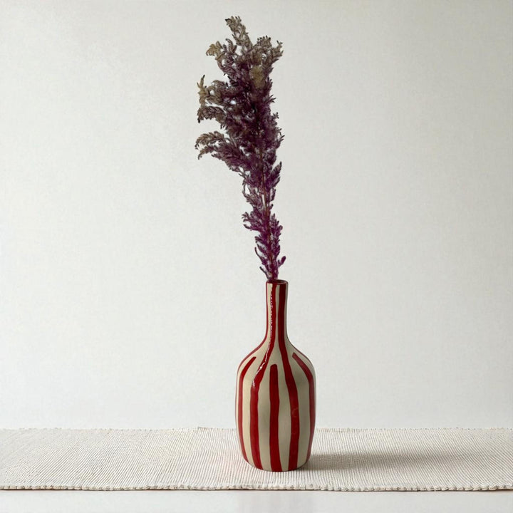 Handmade Ceramic Vase – Tall Red Striped Modern Pottery Bottle