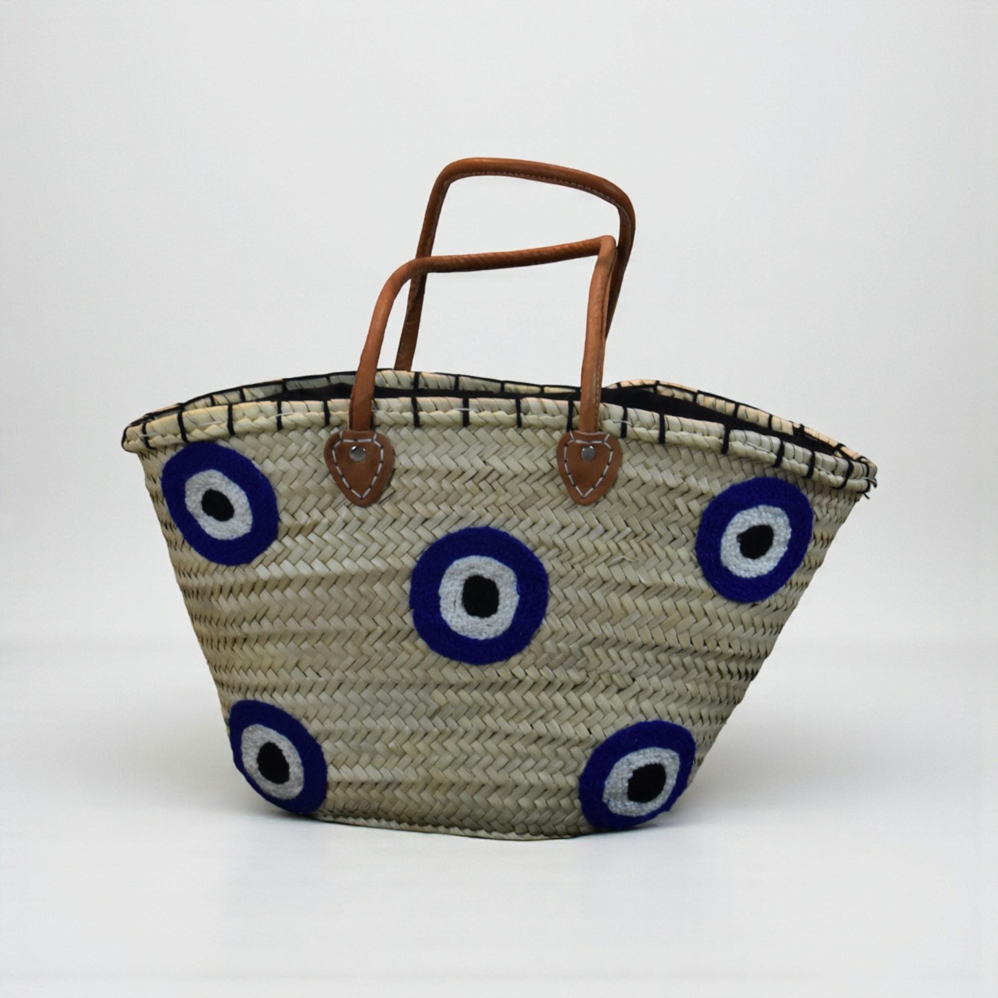 Multi Blue Evil Eye Straw Tote Bag