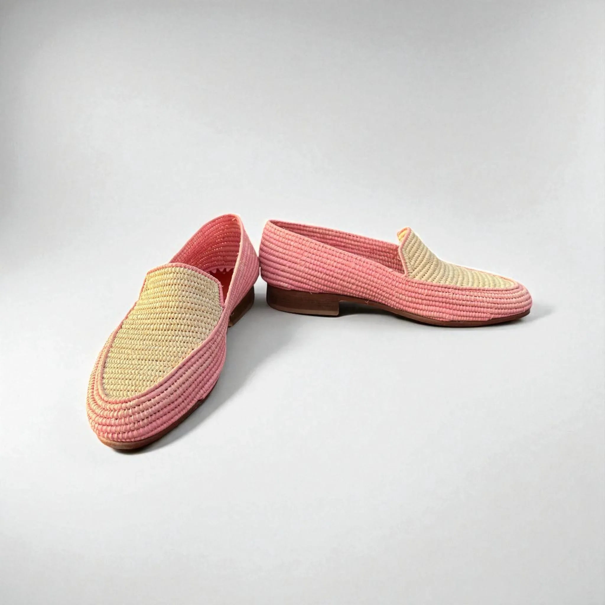 Blush pink raffia loafers for women