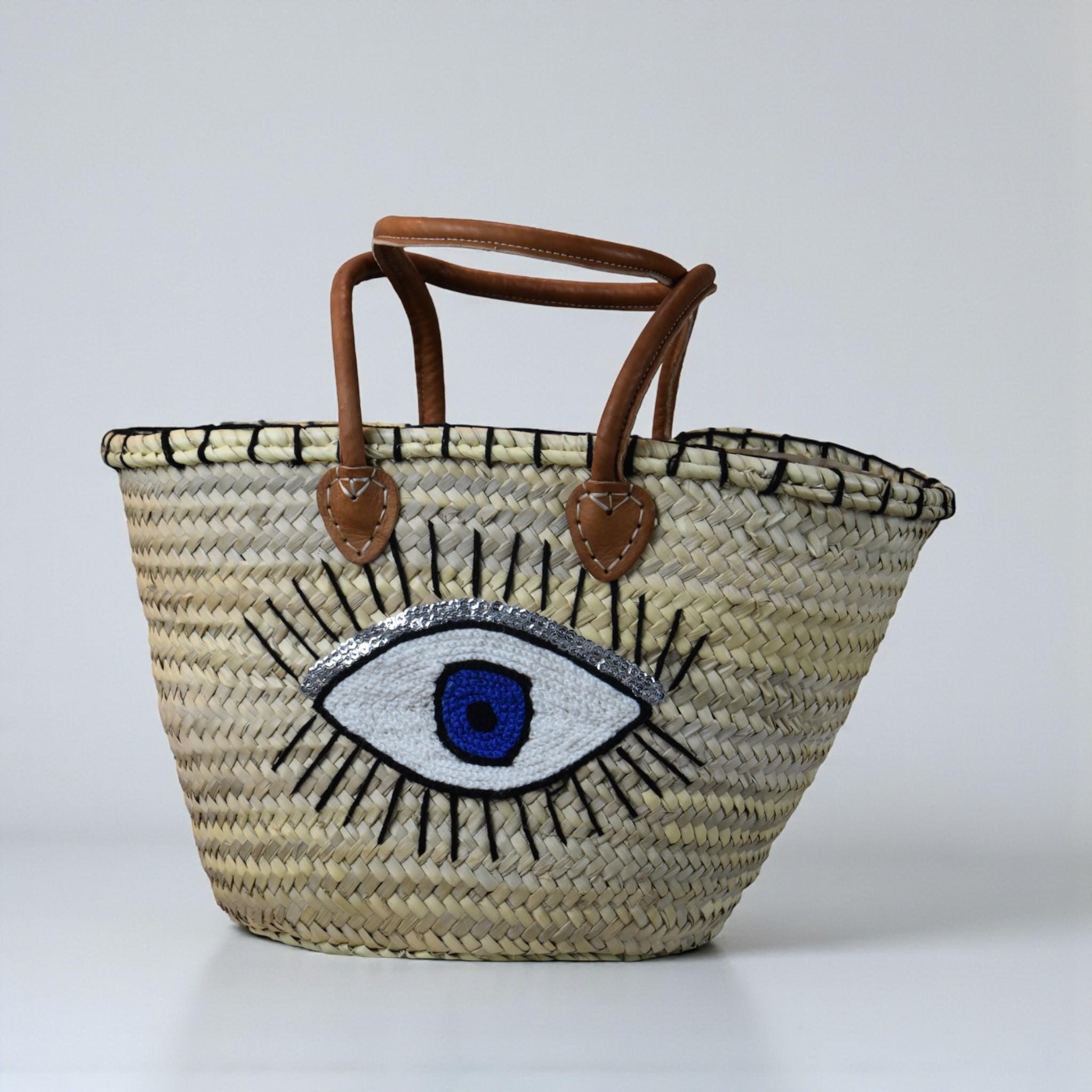 Blue Evil Eye Straw Tote Bag