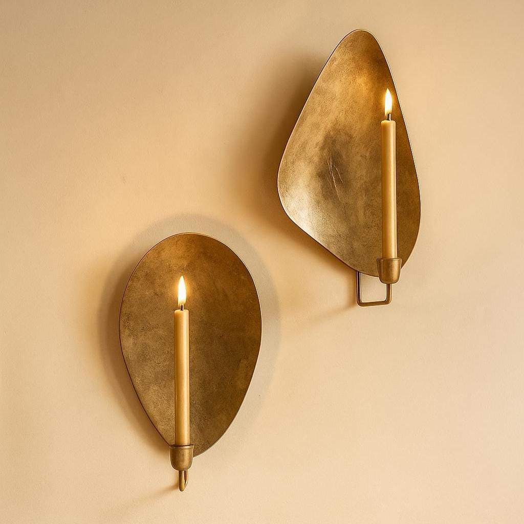 Hand-Forged Brass Leaf Candle Sconce Pair