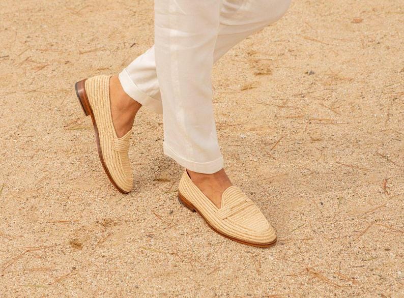 Minimal Beige Raffia Loafers – Handwoven Natural Slip-On