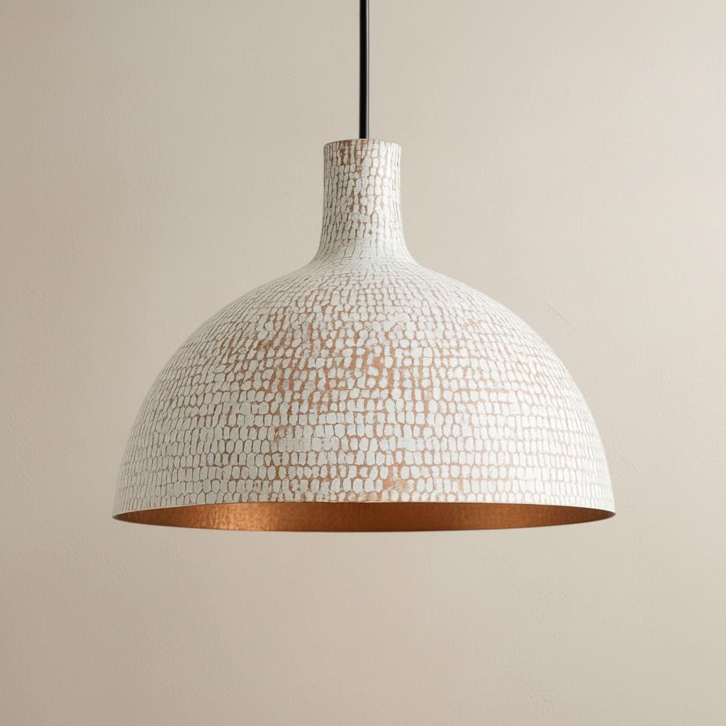 White Hammered Pendant Light with Copper Interior