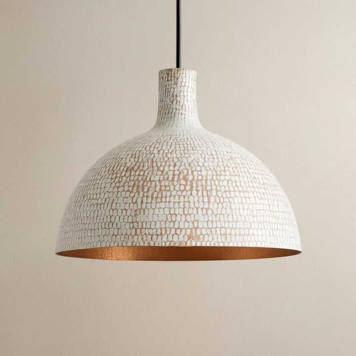 White Hammered Pendant Light with Copper Interior