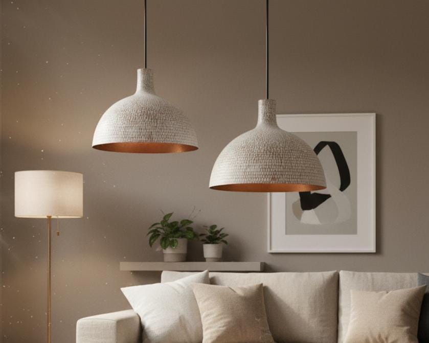 White Hammered Pendant Light with Copper Interior
