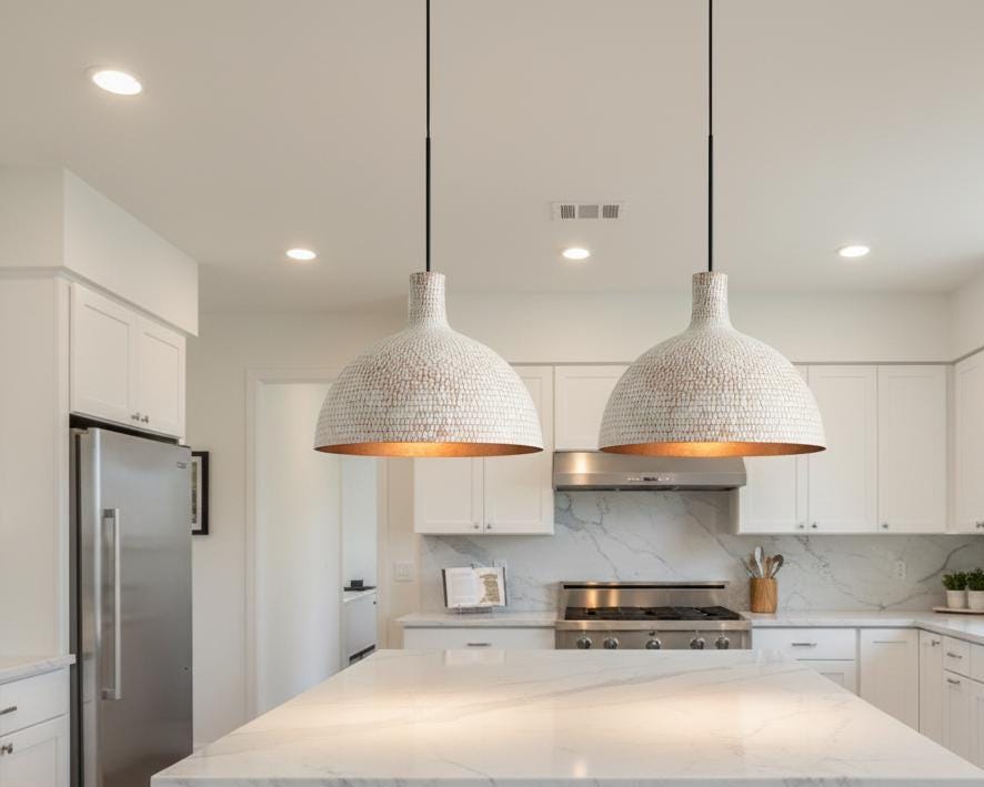 White Hammered Pendant Light with Copper Interior